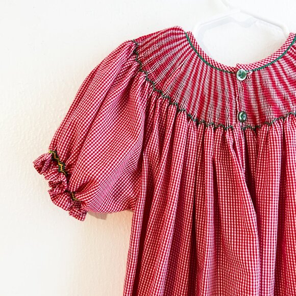 Girls Smocked Dalmatian Firefighter Red Gingham Puff Sleeve Dress - Picture 4 of 7